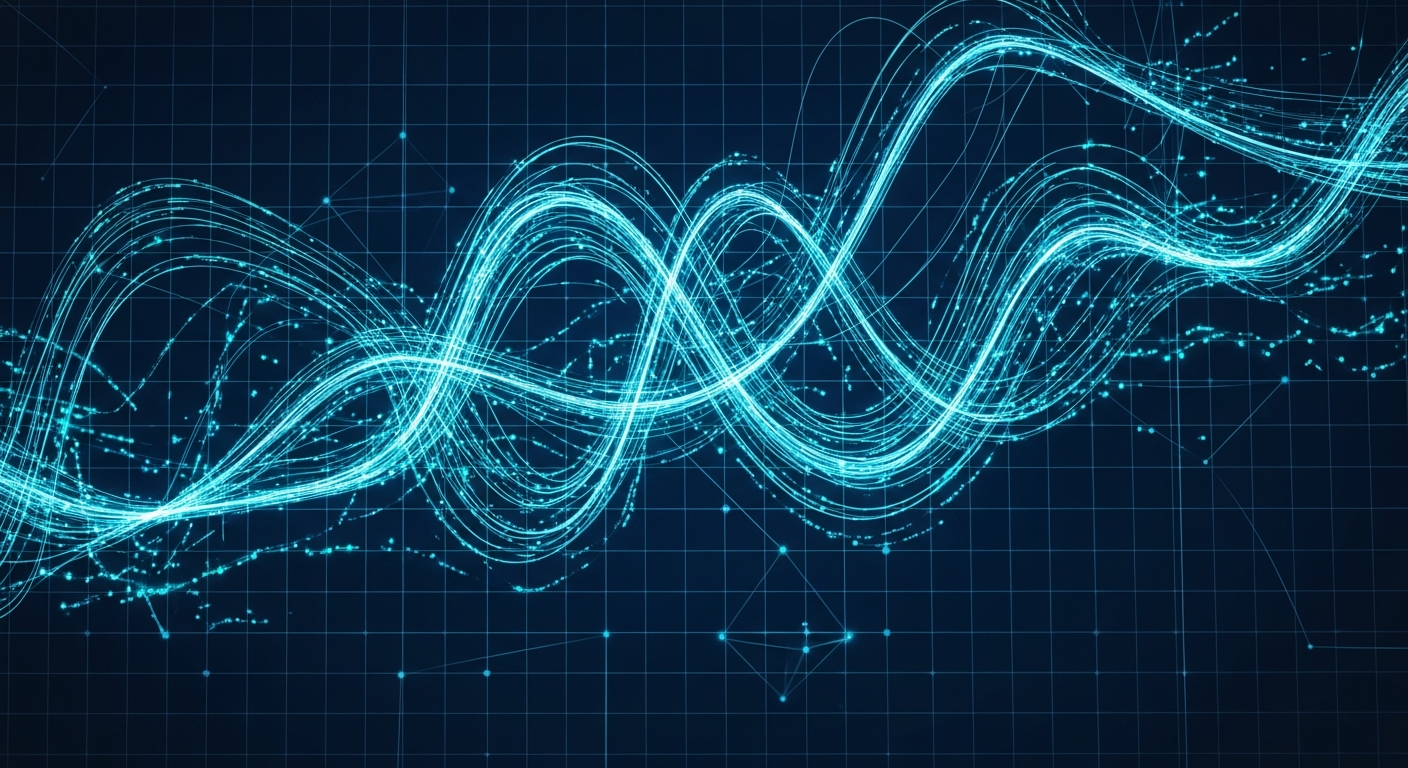 AI_IMAGE: Abstract data visualization with flowing neon blue and teal light trails representing financial data streams against a dark navy background, geometric grid overlay, futuristic fintech aesthetic with glowing nodes and connections | digital-art | landscape