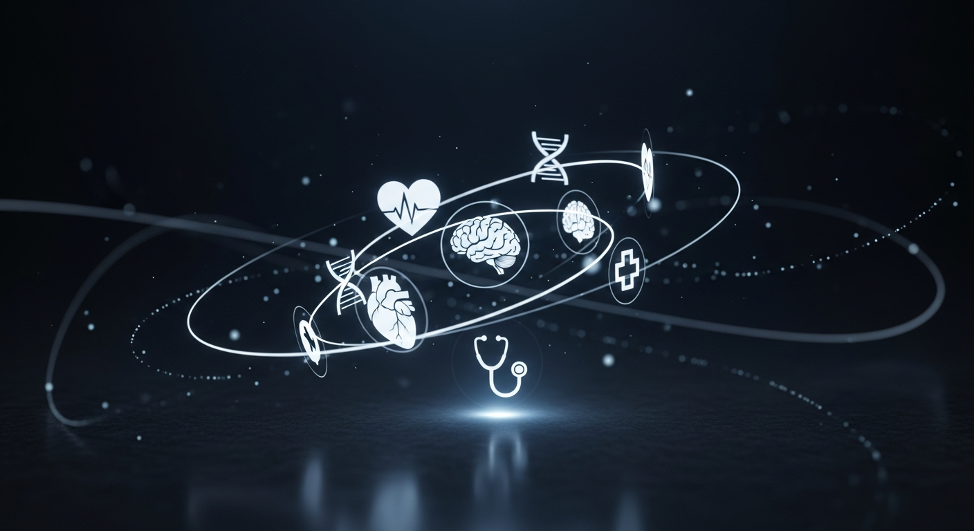 AI_IMAGE: Clean minimalist healthcare technology interface with floating holographic medical icons and soft white-blue gradient lighting, abstract representation of digital health innovation, dark background with luminous elements | digital-art | landscape