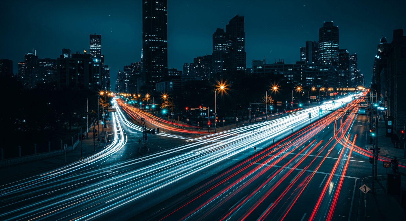 AI_IMAGE: Long exposure nighttime cityscape with streaking car headlights and taillights creating glowing ribbons of light along a wide boulevard, viewed from above at an angle, deep blue-black sky with scattered urban light pollution, skyscrapers reduced to dark silhouettes with pinprick window lights, cinematic and moody with cool blue-teal color cast and hints of warm amber from street lamps, motion blur emphasizing speed and energy | photorealistic | landscape